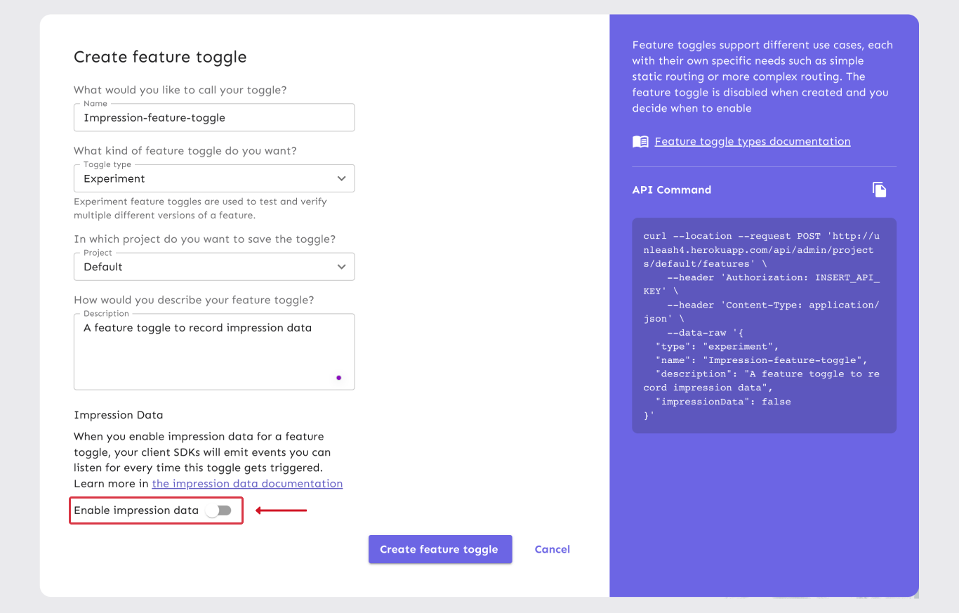 A feature toggle creation form. At the end of the form is a heading that says &quot;Impression data&quot;, a short paragraph that describes the feature, and a toggle to opt in or out of it.